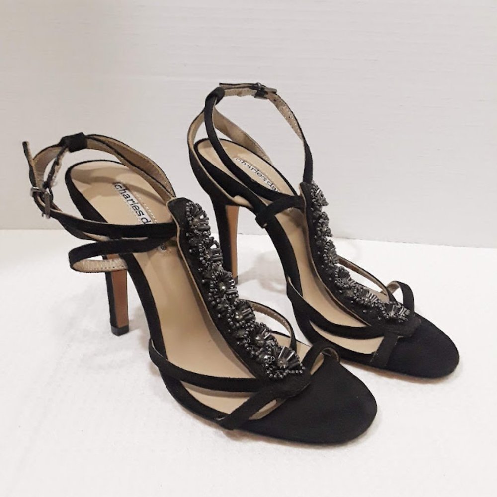 Charles David Black Suede Beads Jeweled Strappy Heel Shoes